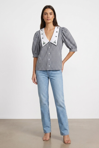 Gray Plaid Blouse With A Floral Collar