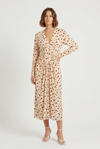 Long Beige Dress, Cherry Pattern