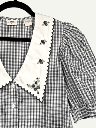 Gray Plaid Blouse With A Floral Collar