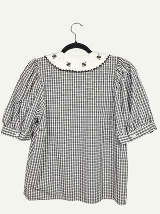Gray Plaid Blouse With A Floral Collar